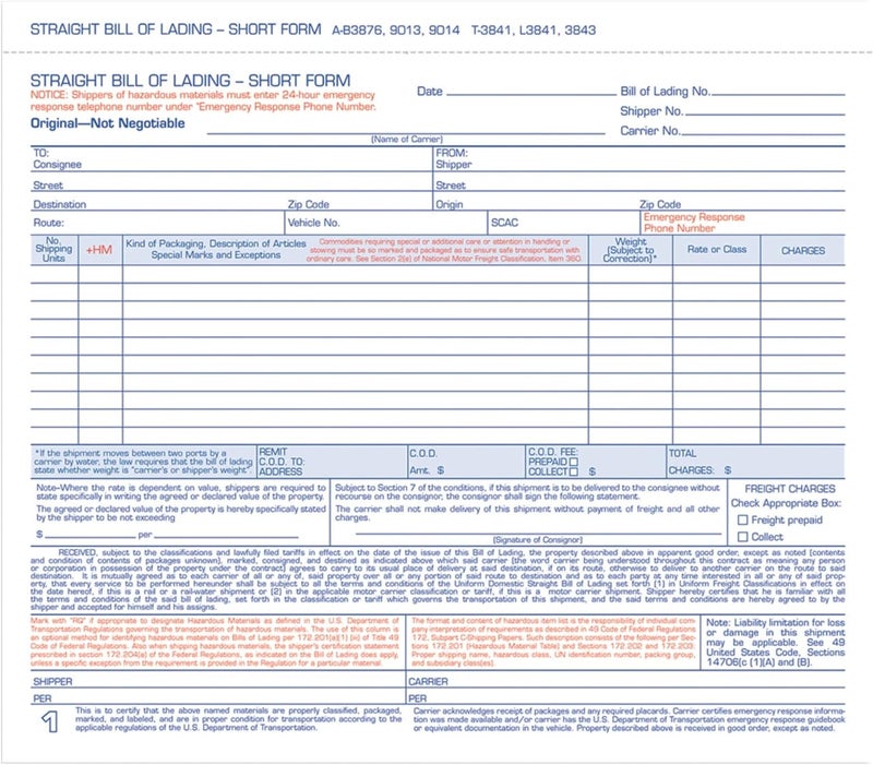 Adams Bill of Lading Short Form, 8-1/2 x 7-7/16 Inches, White, 3-Part, 250-Count - Image 1